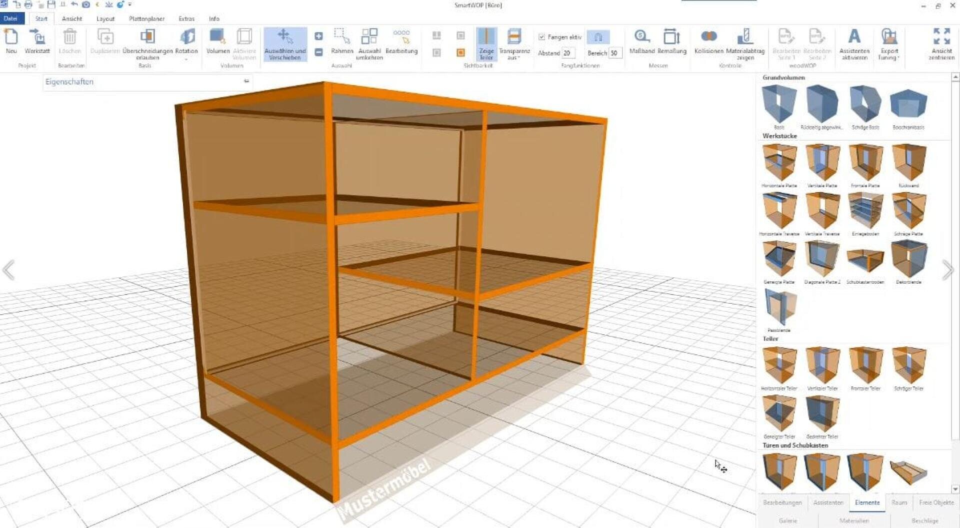 L'interface d'un logiciel de modélisation 3D affiche une étagère transparente au contour orange. Le panneau de droite montre différentes formes d'étagères et d'armoires personnalisables. La grille au sol facilite l'alignement.