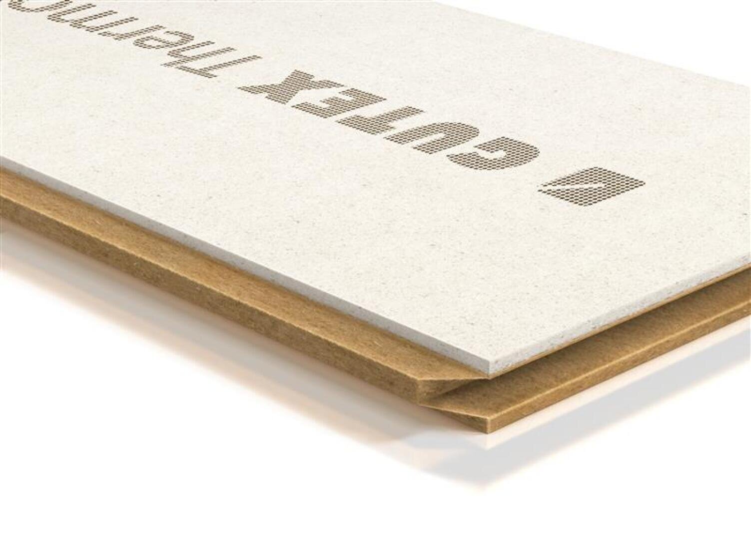Gros plan sur un panneau isolant avec une surface blanche et une âme brune, sur la couche supérieure duquel est imprimé le texte CAVETEX THERMO. Le panneau présente des bords à rainure et languette qui s'emboîtent les uns dans les autres.