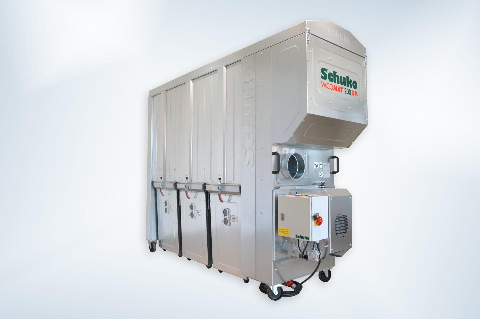 Großes industrielles Vakuumsystem mit Metallgehäuse, Marke Schuko VACOMAT 350 XP, mit mehreren Zugangstüren, Rädern für Mobilität und einem an der Vorderseite angebrachten Bedienfeld.