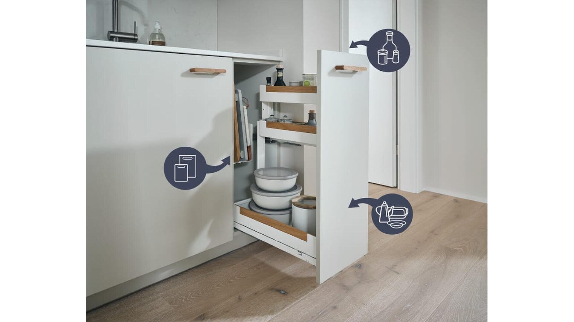 Un meuble de cuisine blanc avec un tiroir coulissant présente un rangement organisé pour les bouteilles, les bocaux, les planches à découper, les casseroles et les poêles, avec des icônes indiquant les articles prévus pour chaque étagère.