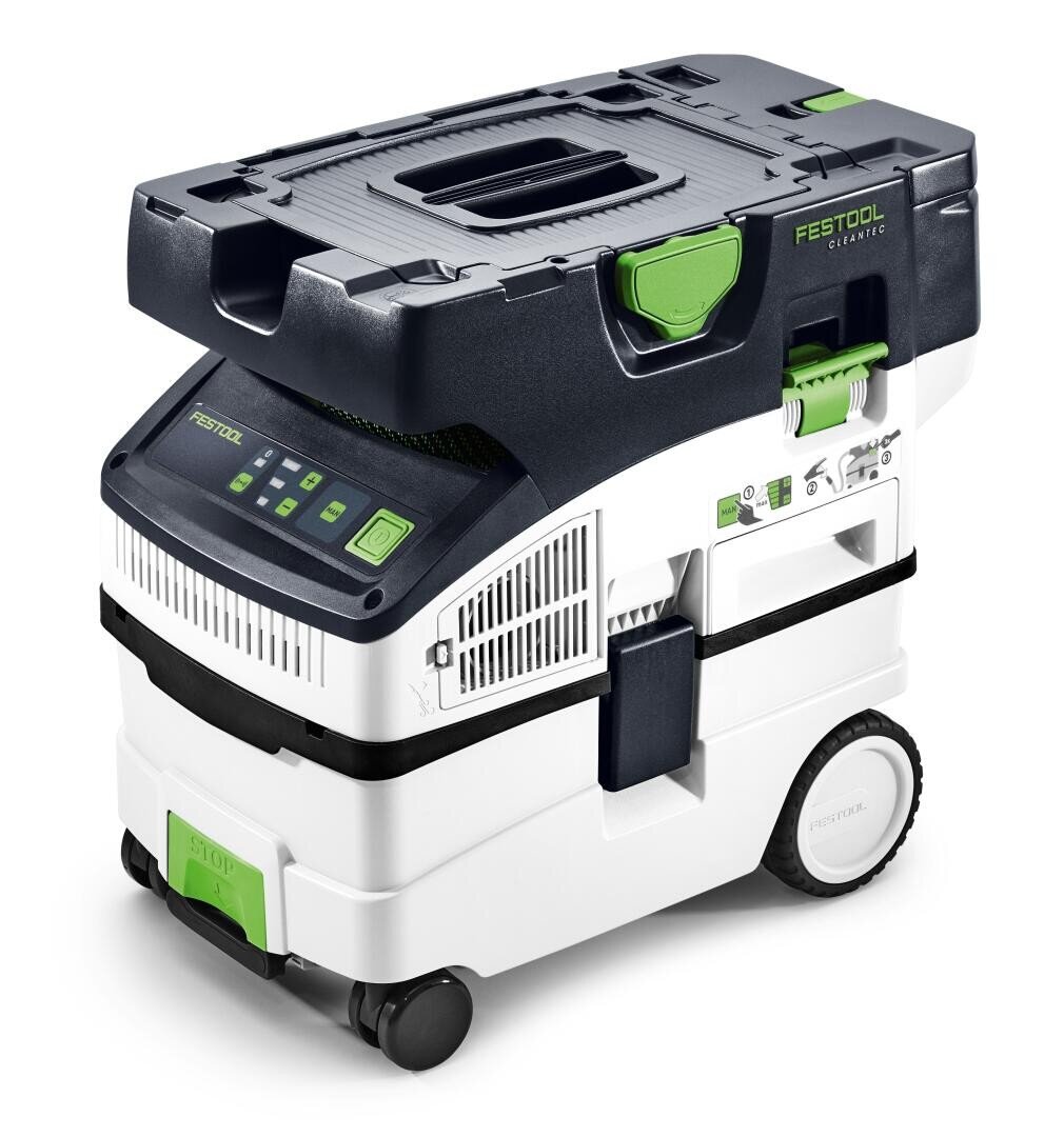 Ein Festool Entstauber im schwarz-weiß-grünen Design, mit digitalem Bedienfeld, Tragegriff, Staufach und Rädern für die Mobilität.