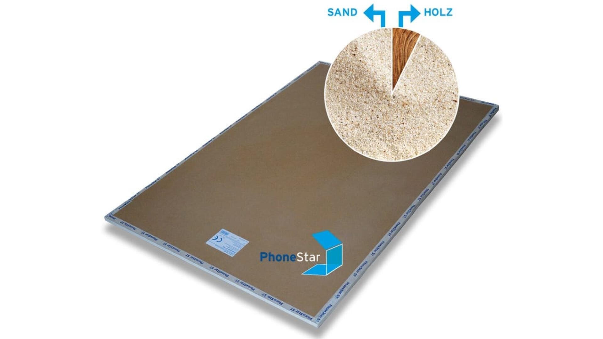 Panneau PhoneStar rectangulaire avec une section circulaire zoomée montrant une couche de sable et de bois à l'intérieur du panneau. Les flèches et les étiquettes indiquent SAND et HOLZ (bois) en allemand.