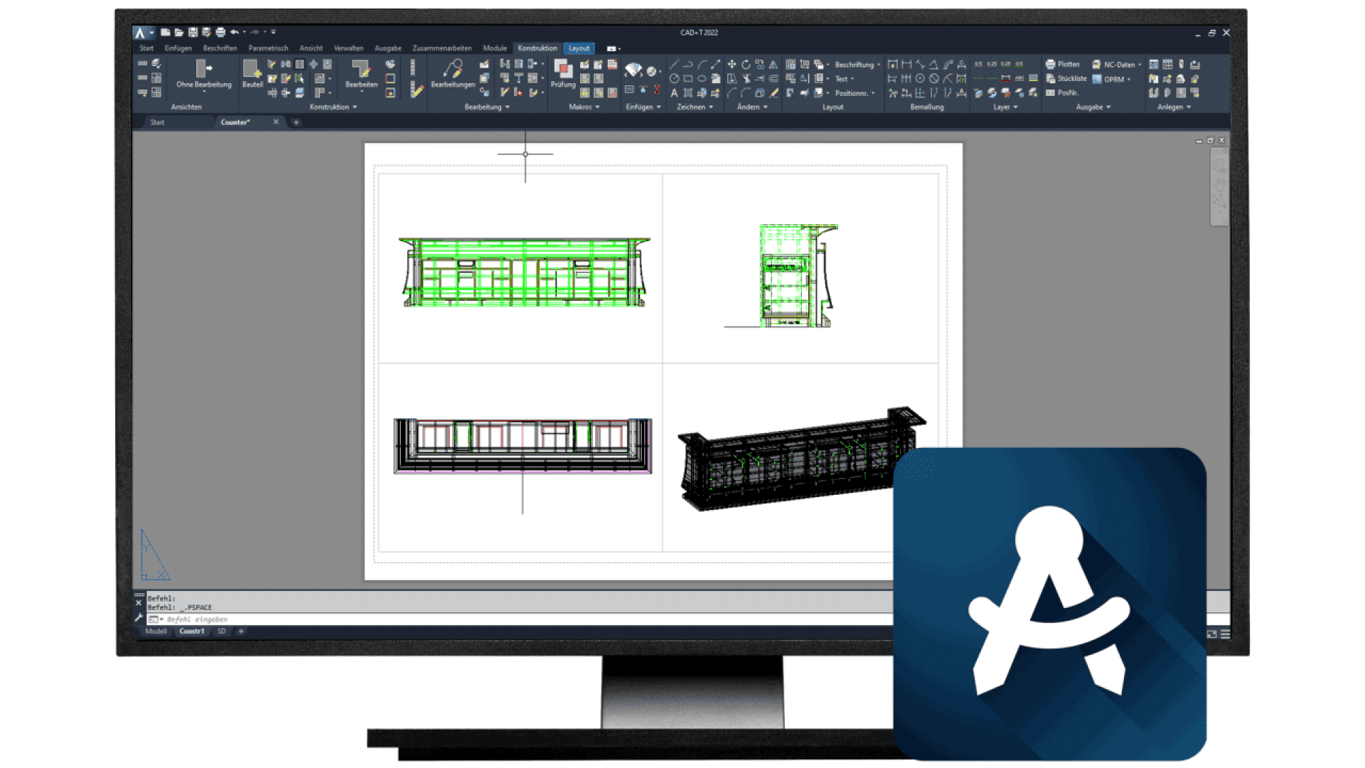 Un écran d'ordinateur affichant des dessins d'architecture dans une interface de logiciel de CAO, avec le logo AutoCAD au premier plan.