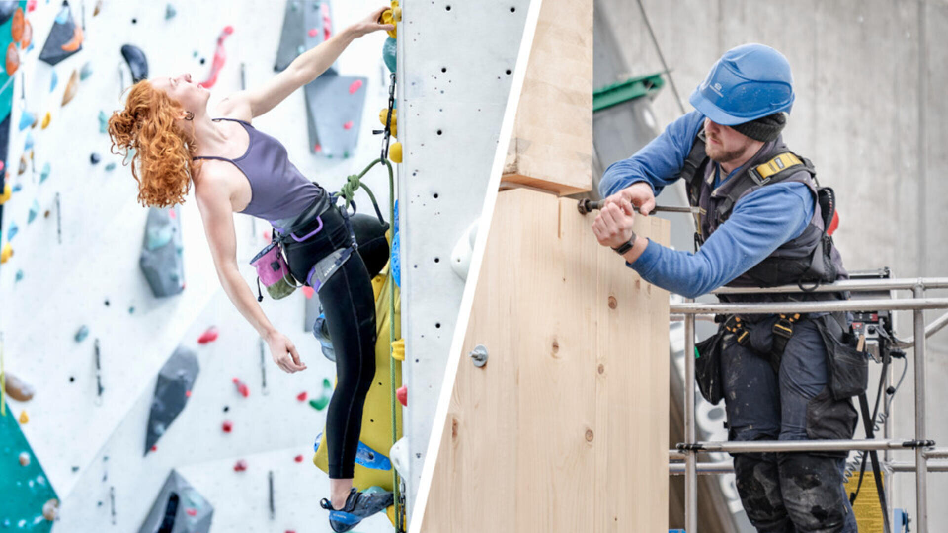 Ein geteiltes Bild zeigt links eine Frau, die eine Indoor-Felswand erklimmt, und rechts einen Bauarbeiter, der auf einem Gerüst stehend eine Bohrmaschine benutzt.