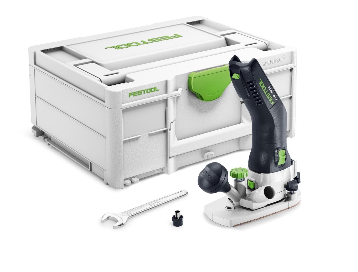 Eine kompakte Oberfräse von Festool mit schwarzem und grünem Griff sitzt vor ihrem weißen Koffer, begleitet von einem Schraubenschlüssel und einem kleinen Aufsatzstück.