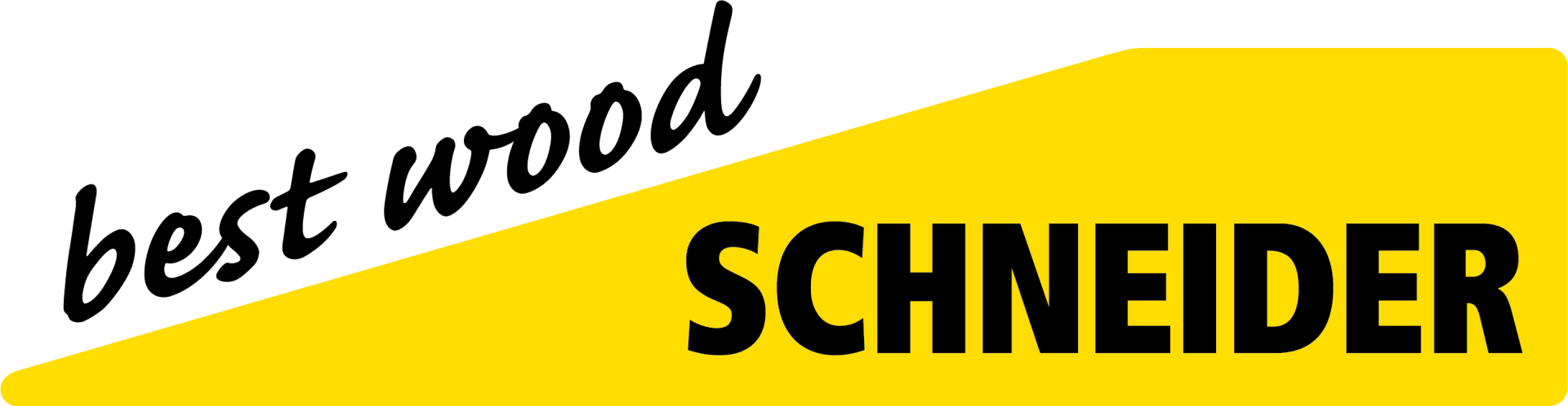 Une forme géométrique jaune sur laquelle figure le mot SCHNEIDER en lettres noires grasses ; le fond est blanc et le côté gauche de la forme est incliné vers le haut.