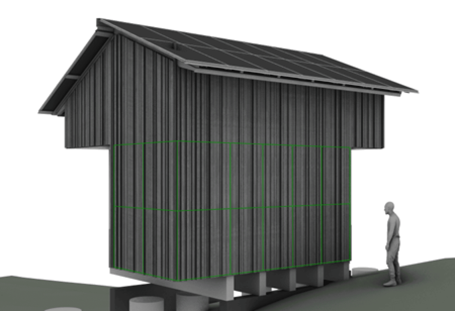 Une personne se tient à côté d'un petit bâtiment en bois surélevé avec des panneaux solaires sur le toit, soutenu par des piliers en béton et entouré de lignes directrices vertes.