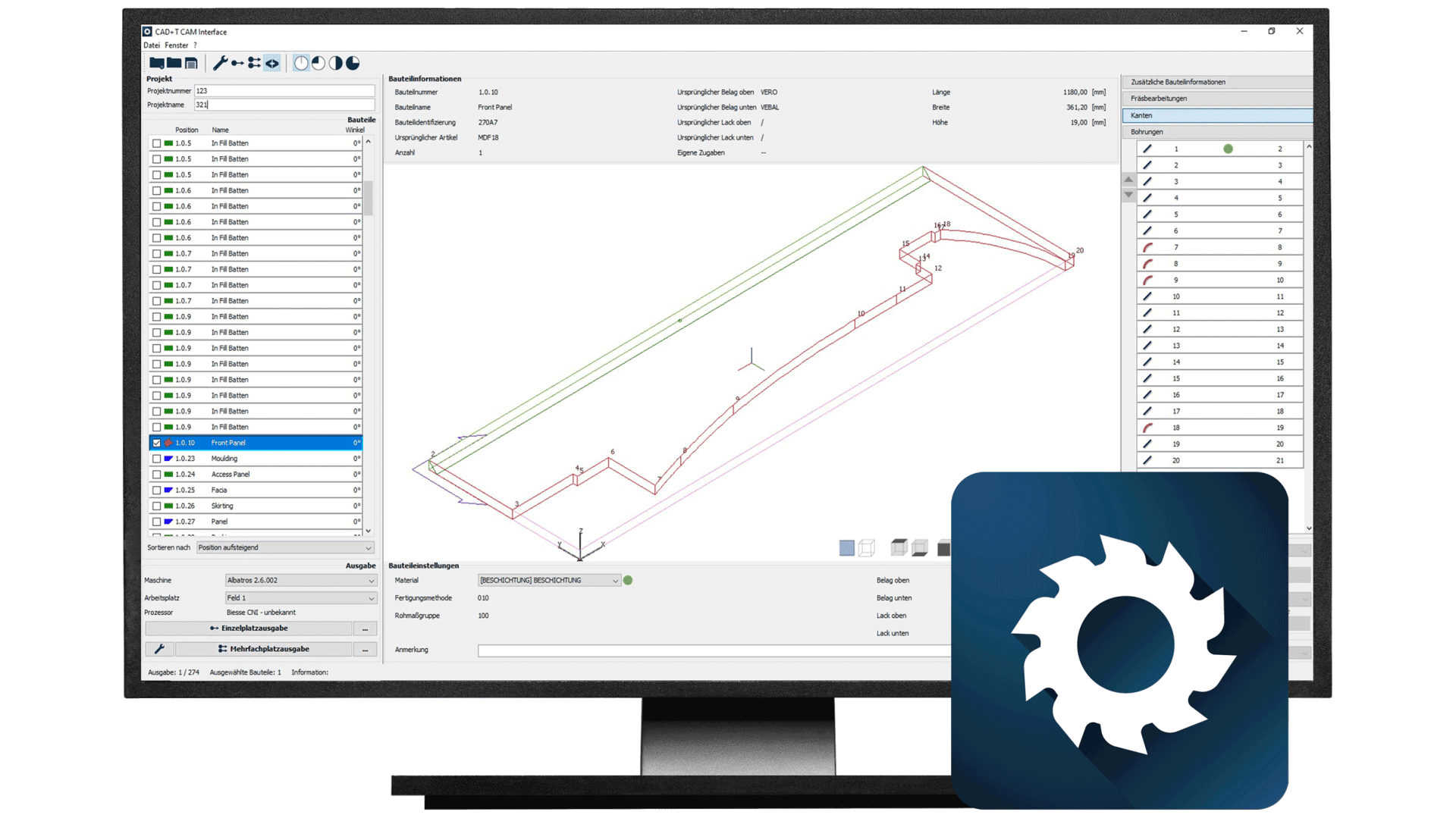 Auf einem Computerbildschirm wird eine CAD/CAM-Software mit einer technischen Zeichnung und Werkzeugbahnlinien angezeigt. In der unteren rechten Ecke befindet sich ein blaues Symbol mit einem weißen Sägeblatt.