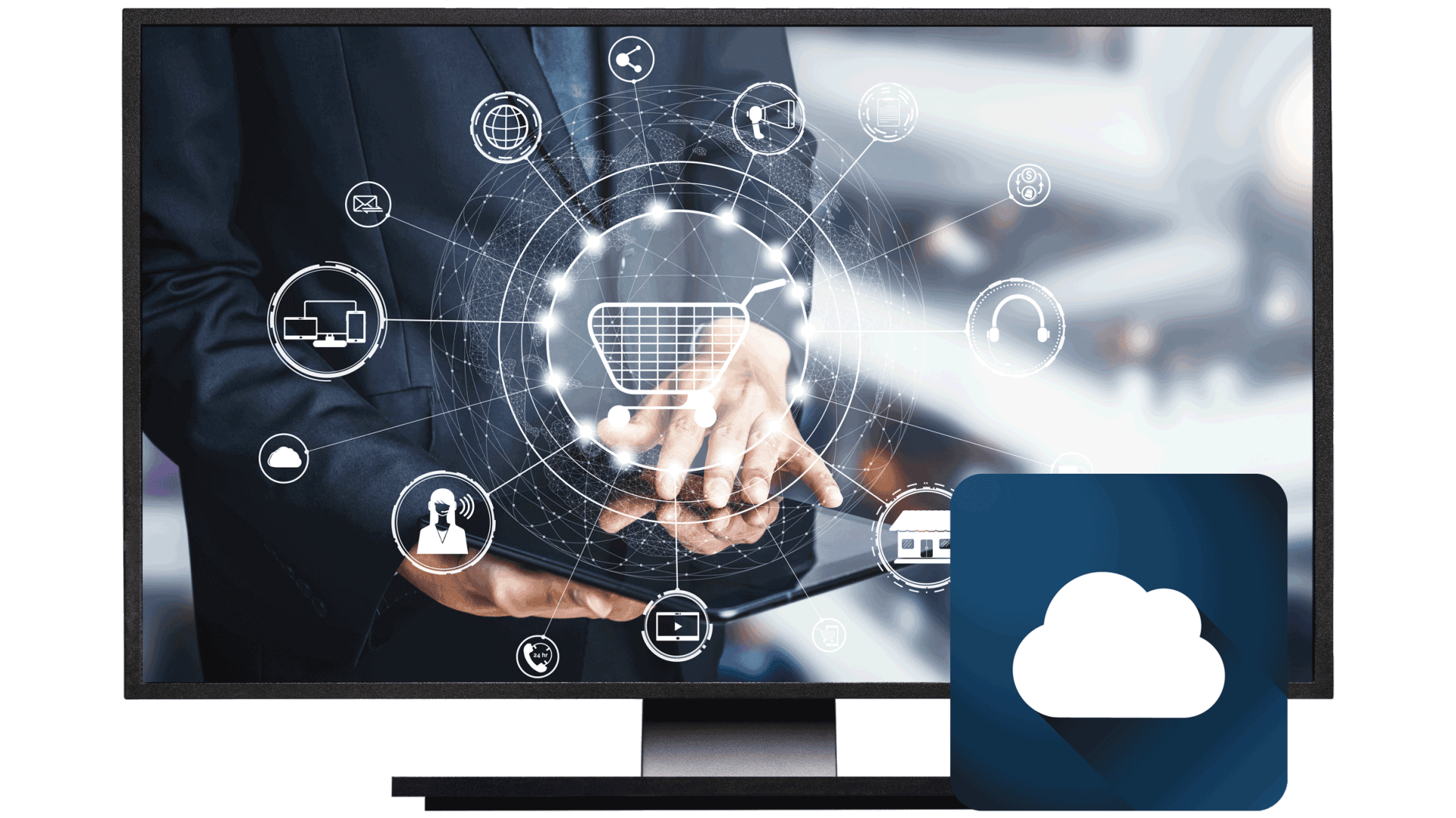 Ein Computermonitor zeigt eine Person, die ein Tablet benutzt, überlagert von digitalen Symbolen, die Cloud Computing und Netzwerktechnologie darstellen. Im Vordergrund erscheint ein großes Wolkensymbol.