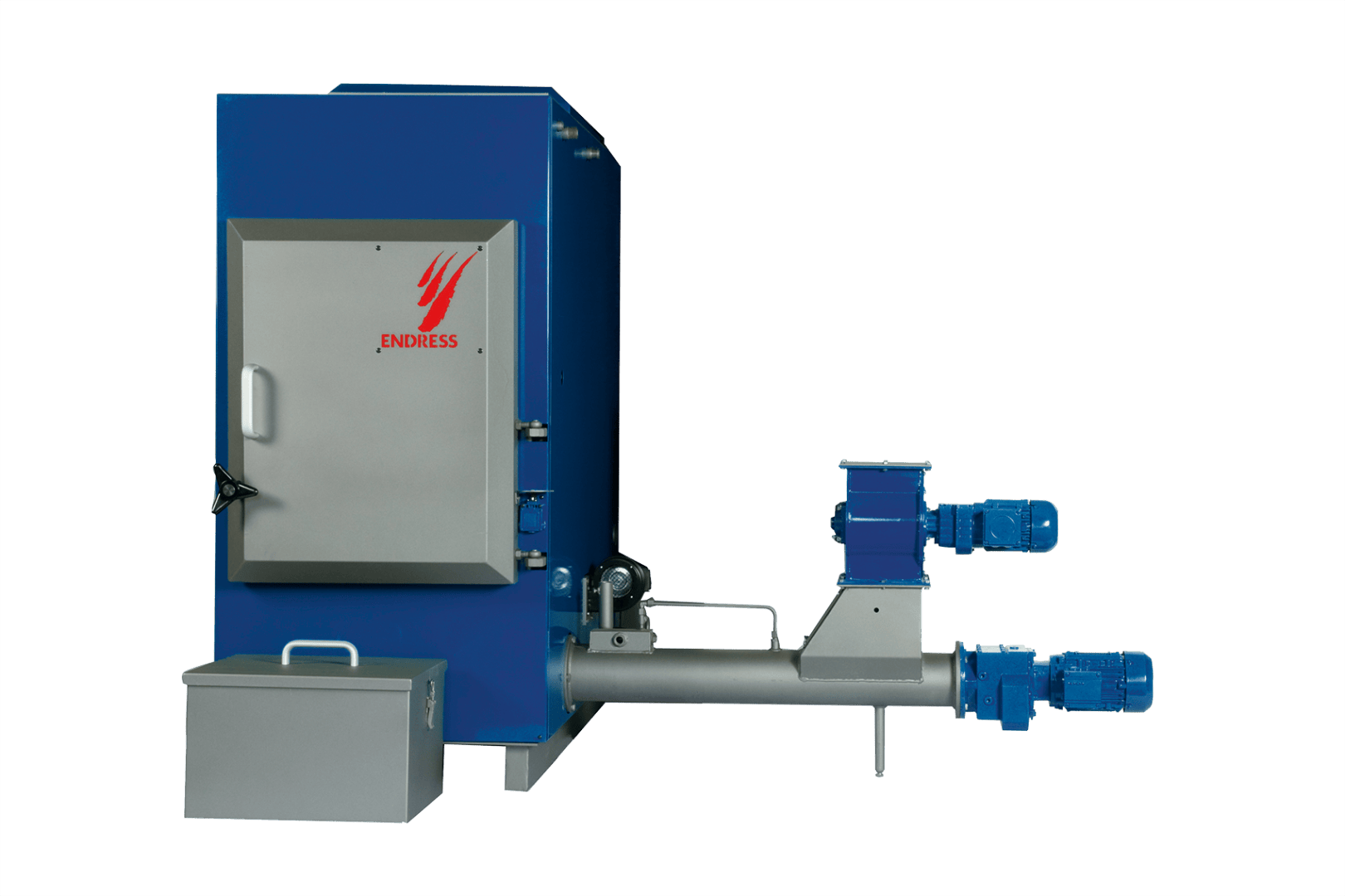 Une grande machine industrielle bleue et grise avec le logo ENDRESS, montrant une porte avant, des moteurs, des tuyaux et un boîtier électrique sur un fond blanc sobre.