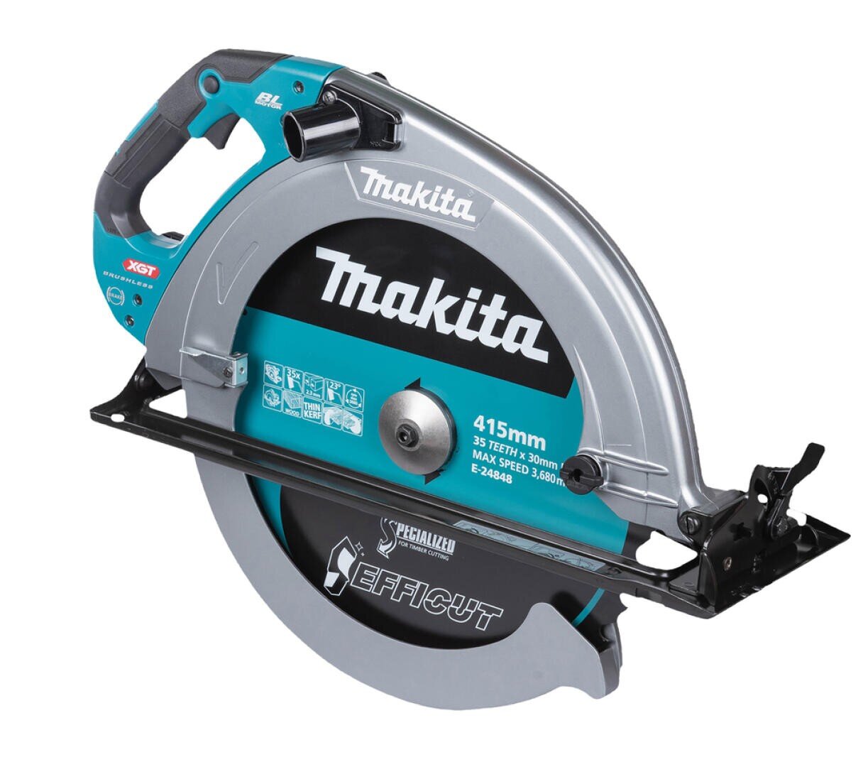 Une scie circulaire de la marque Makita avec un boîtier argenté et bleu-vert, désignée 415 mm et EffiCut, conçue pour les travaux de coupe lourds. La scie dispose d'une grande lame et d'une poignée ergonomique.