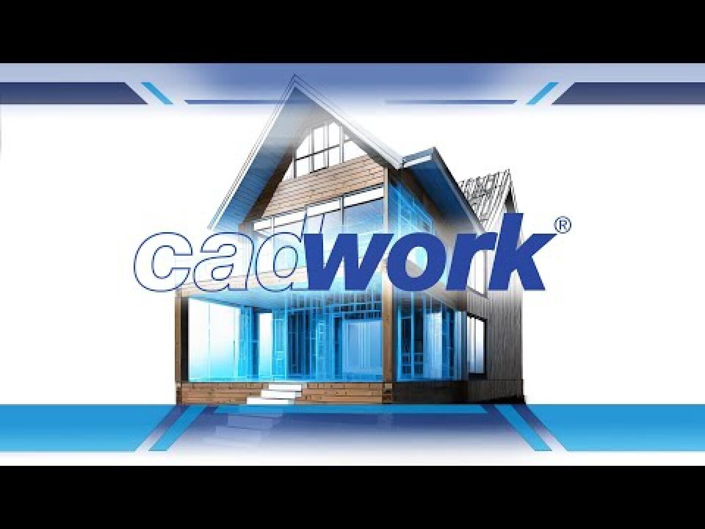 Im Hintergrund ist ein modernes Haus mit großen Fenstern zu sehen, auf dem in blauen und grauen Buchstaben das Wort "cadwork" steht. Blaue geometrische Akzente umrahmen den oberen und unteren Rand des Bildes.