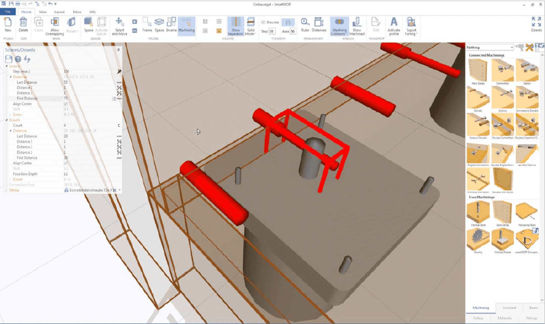 L'interface d'un logiciel de modélisation 3D affiche un plan de construction avec des poutres, des colonnes et des éléments structurels, y compris les pièces surlignées en rouge et les palettes d'outils sur les bords droit et supérieur de l'écran.