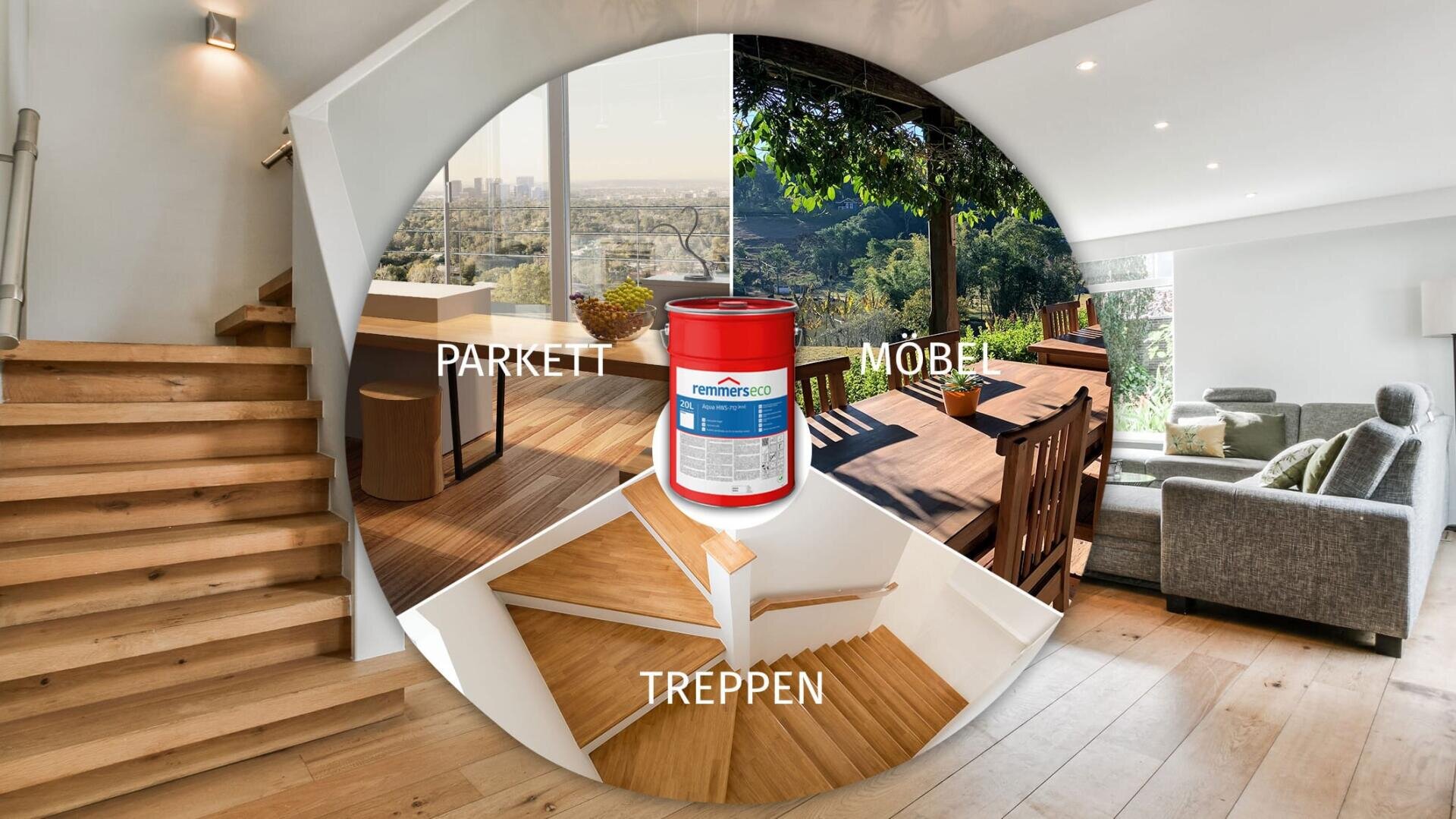 Eine kreisförmige Collage zeigt eine Holztreppe, einen Parkettboden mit einem Esstisch und ein Wohnzimmer. In der Mitte steht eine Dose mit Remmers-Produkten, mit deutschen Etiketten: PARKETT, MÖBEL, und TREPPEN.