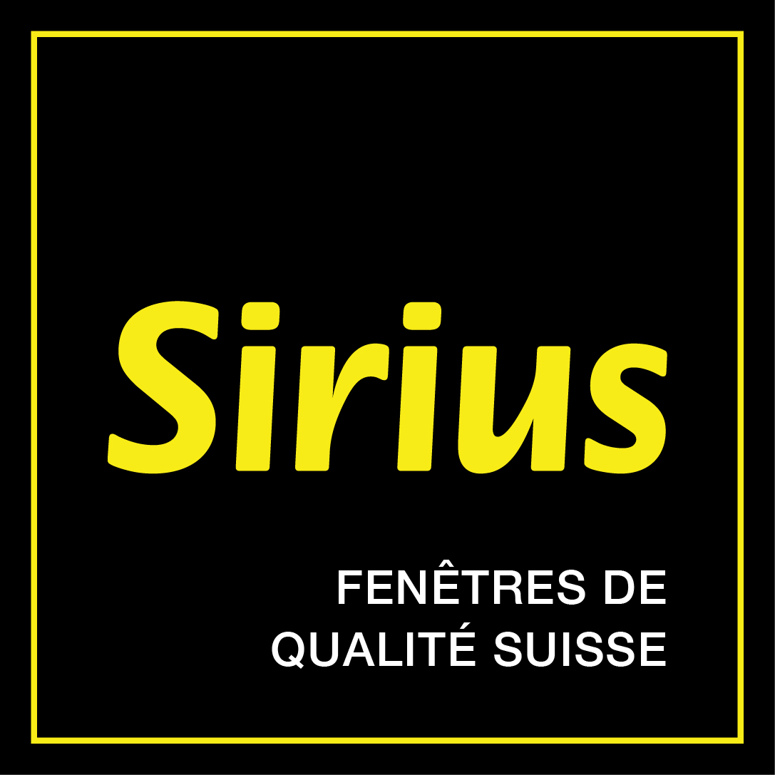 Logo avec le mot Sirius en grand texte jaune centr&eacute; sur un fond noir, au-dessus de la phrase FEN&Ecirc;TRES DE QUALIT&Eacute; SUISSE en petit texte blanc. Une bordure jaune encadre l'image.