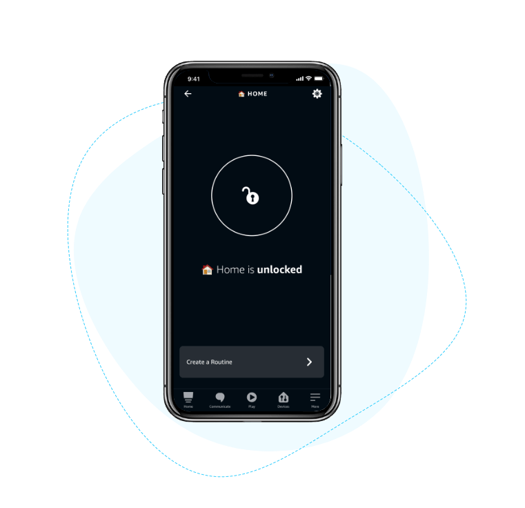 L'écran d'un smartphone affiche une application de maison intelligente indiquant que la maison est déverrouillée, avec une icône de cadenas ouvert et le message "Home is unlocked" (la maison est déverrouillée) sur un fond clair minimal.
