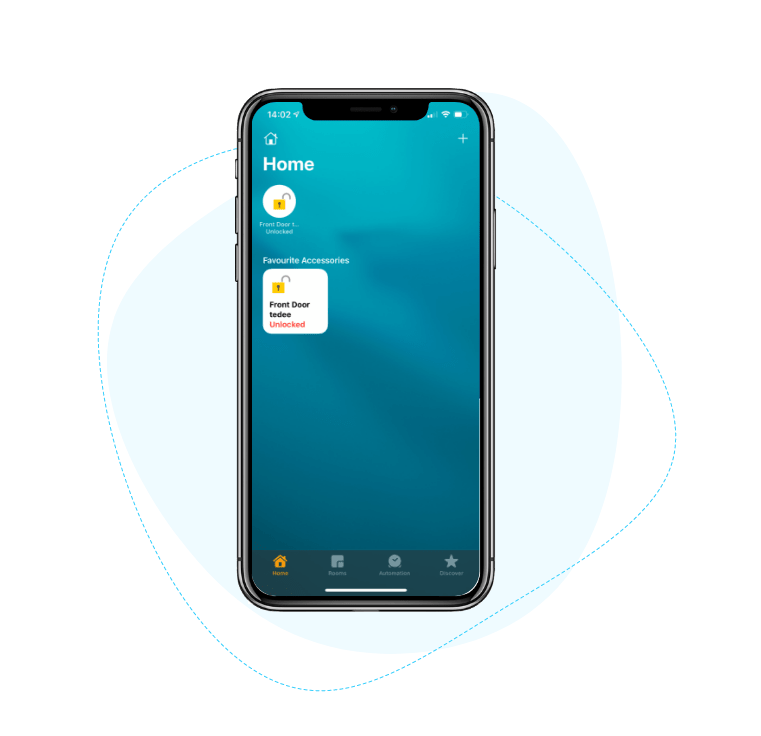Un smartphone affiche une application de maison intelligente sur fond bleu. L'application affiche "Maison" en haut et répertorie un accessoire "Porte d'entrée" avec une icône jaune déverrouillée et l'état "Porte d'entrée : Déverrouillée".