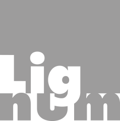 Die großen, fettgedruckten weißen und hellgrauen Buchstaben des Wortes Lignum sind teilweise vor einem einfarbig grauen Hintergrund zu sehen, wobei einige Buchstaben am unteren Rand durch den Bildrand abgeschnitten sind.