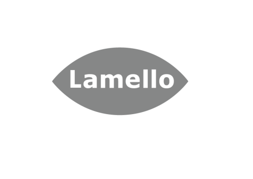 Forme ovale grise avec le mot Lamello en caractères gras blancs centré à l'intérieur, sur un fond gris clair.