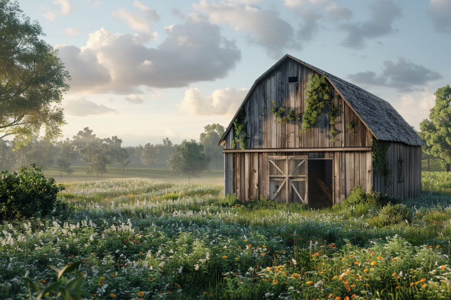 Une grange en bois rustique, dont les murs sont recouverts de lierre, se trouve dans un champ de fleurs sauvages et d'herbes hautes sous un ciel partiellement nuageux, avec des arbres en arrière-plan et une douce lumière matinale qui éclaire la scène.