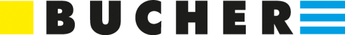 Logo avec le mot BUCHER en caractères noirs gras. Sur le côté gauche, il y a un rectangle jaune et sur le côté droit, trois bandes bleues horizontales. Le fond est blanc.